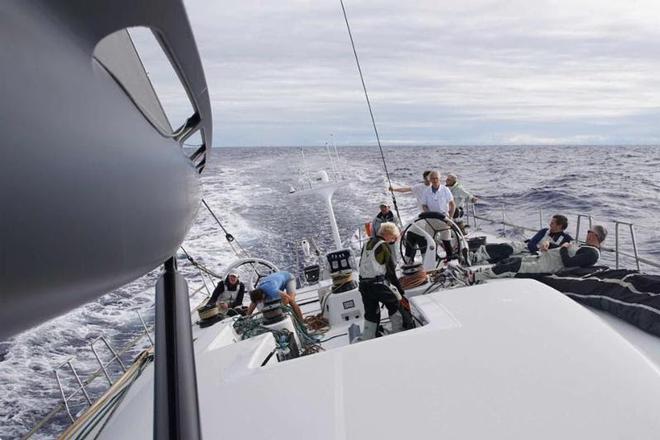 After a night of demanding sail changes; Mike Slade at the helm of Maxi, Leopard 3  in more stable conditions © Leopard3/Kolja Frase